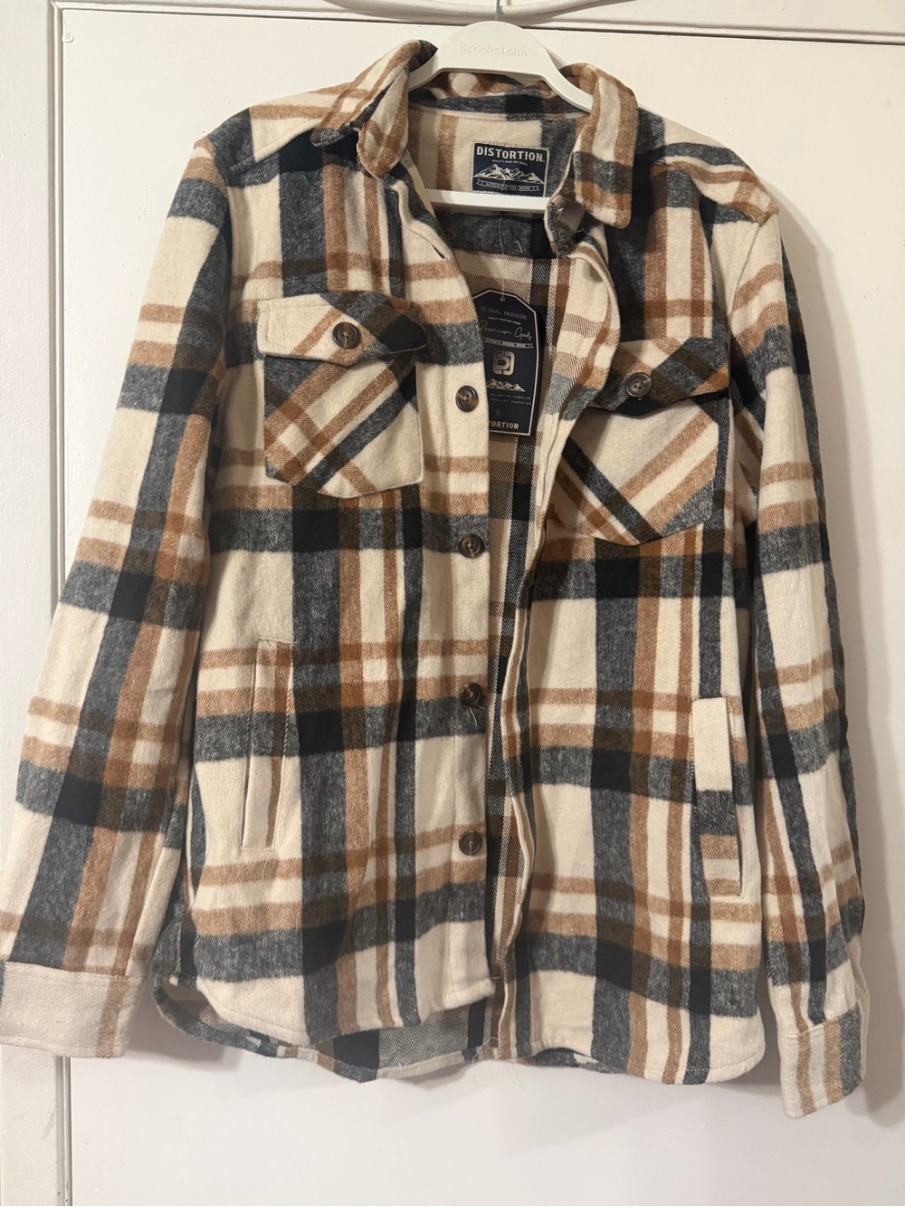 Distortion Men’s Plaid Shacket Jacket in Cream, Brown & Black